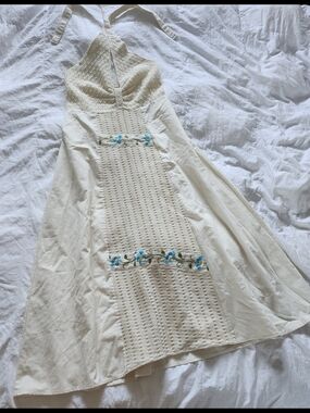 Handmade Crochet Halter Dress with Blue Floral Embroidery